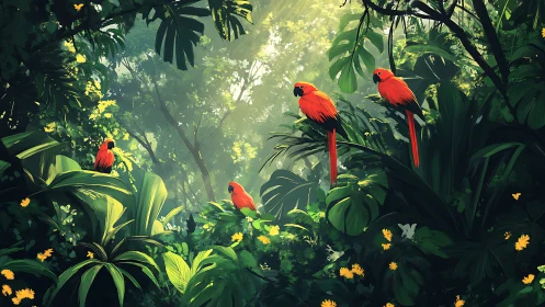 Scarlet parrots rest amid dense sunlit tropical foliage
