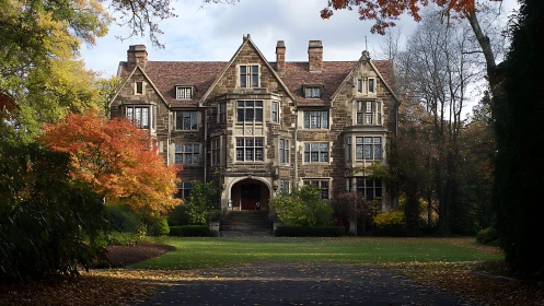 Historic manor framed by vivid autumn garden foliage.