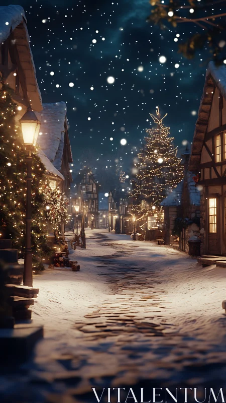 Snowy village street glows with cozy Christmas lights