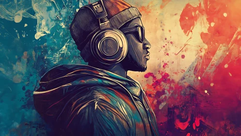 Digital painting portrait with split-tone abstract background.