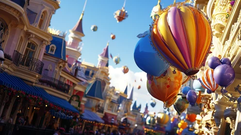 Colorful hot air balloon decorations over ornate street.