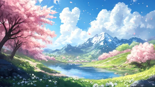 Mountain landscape with cherry trees and reflective lake.