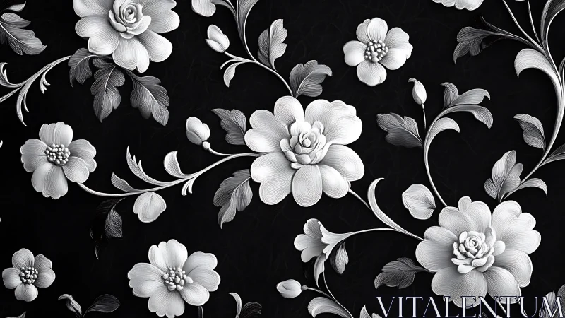 Monochrome floral relief pattern displays stylized blossoms