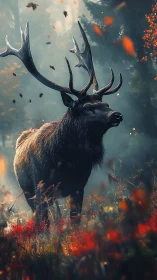 Cinematic digital stag portrait in misted autumn forestscape.