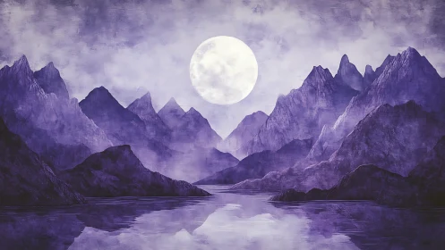 Purple mountain range under full moon over calm water.