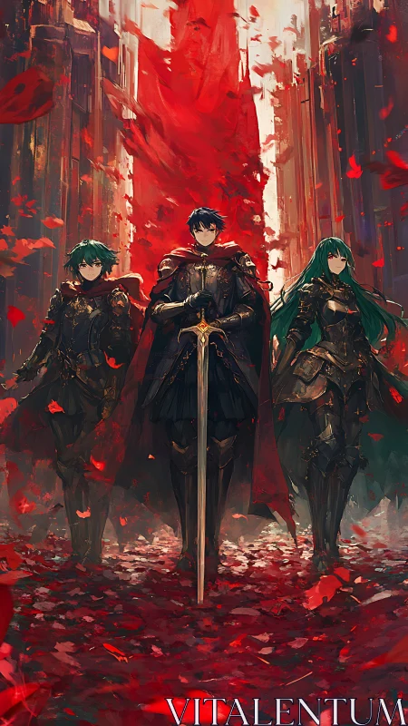 Valiant trio of armored heroes walking through crimson bloom.