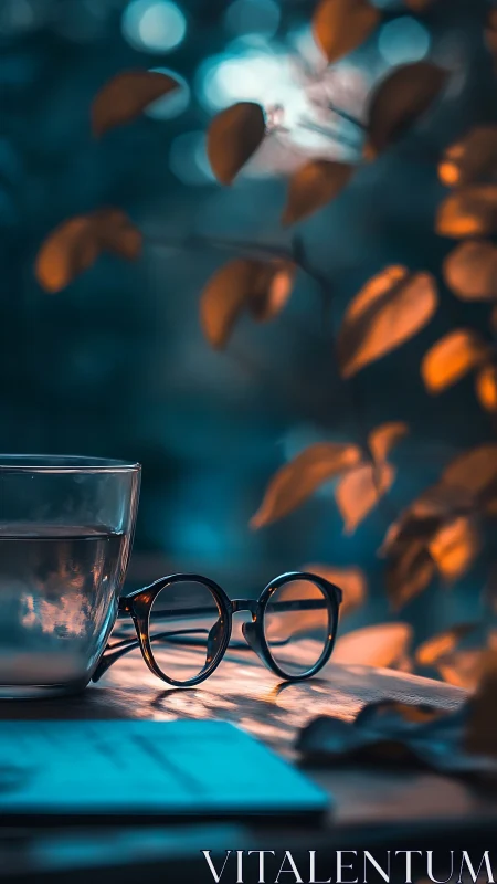 Glasses and water glass on table in soft evening bokeh