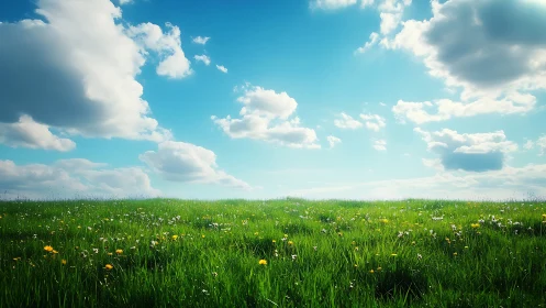 Cumulus-rich sky over luminous wildflower grassland horizon.