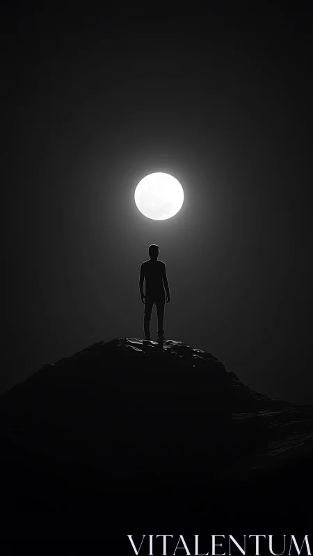 Backlit human silhouette stands atop rocky hill under full moon