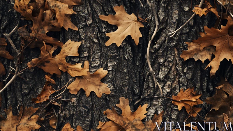 Crisp autumn oak leaves rest gently on rough tree bark