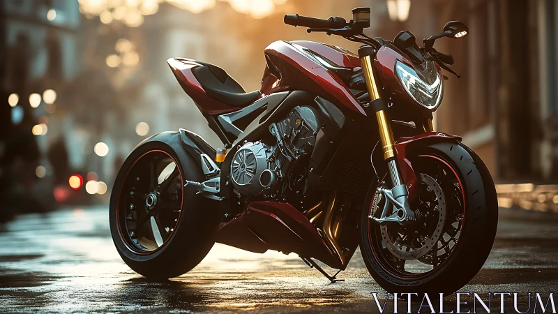 Sunlit street superbike in cinematic urban perspective.