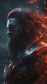 Fiery armored warrior rendered in dramatic side profile.