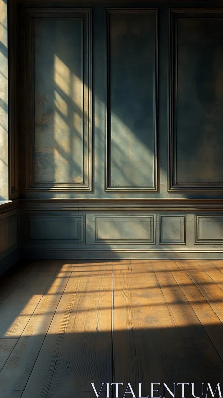 Sunlit paneled wall casting long shadows on wood floor.
