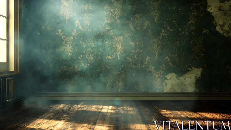 Dusty sunlit room with distressed teal and gold wall.