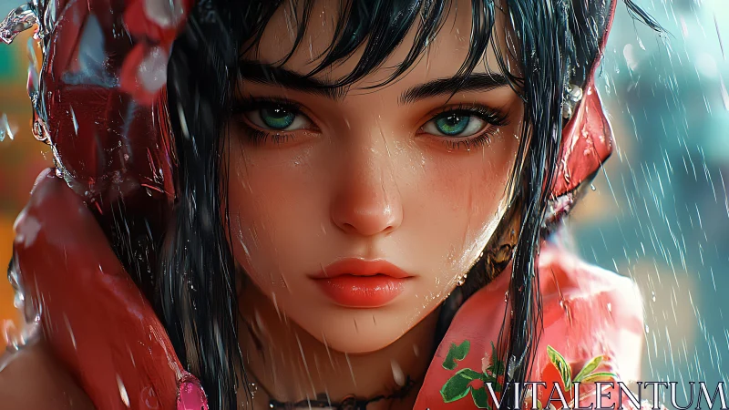 Hydro-realistic anime portrait under refracted rainfall dynamics.