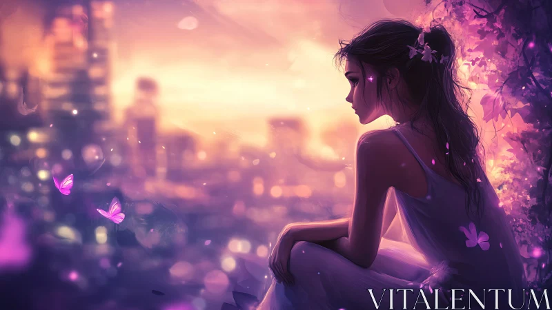 Dreamy girl silhouette over neon city at sunset twilight.