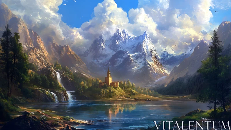 Mountain lake castle under towering luminous clouds.