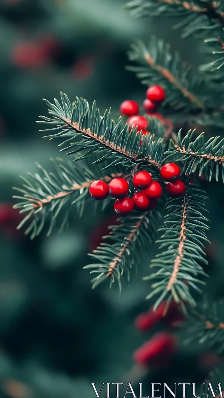 Crimson winter berries gleam on evergreen needles in hush.