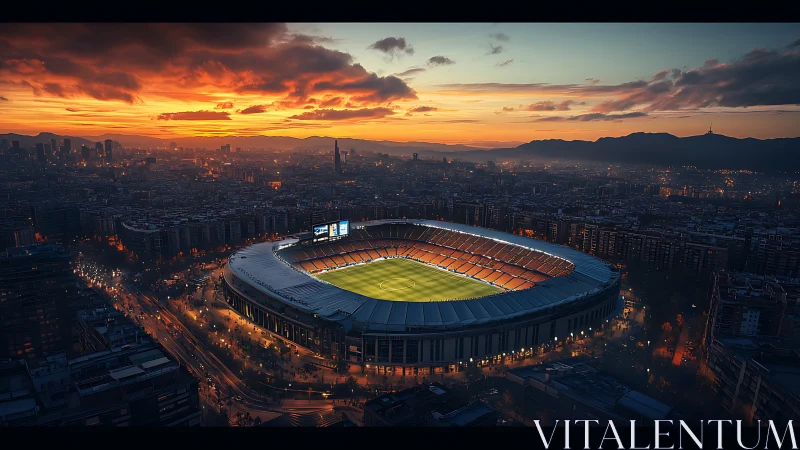 Floodlit football stadium dominates dense city at sunset
