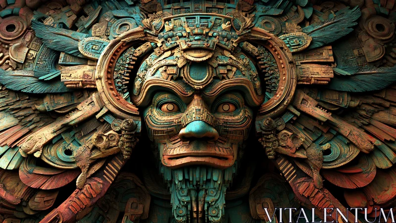 Algorithmically layered techno-aztec mask relief, high detail.