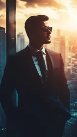 Sunlit city view frames a confident man in sharp suit