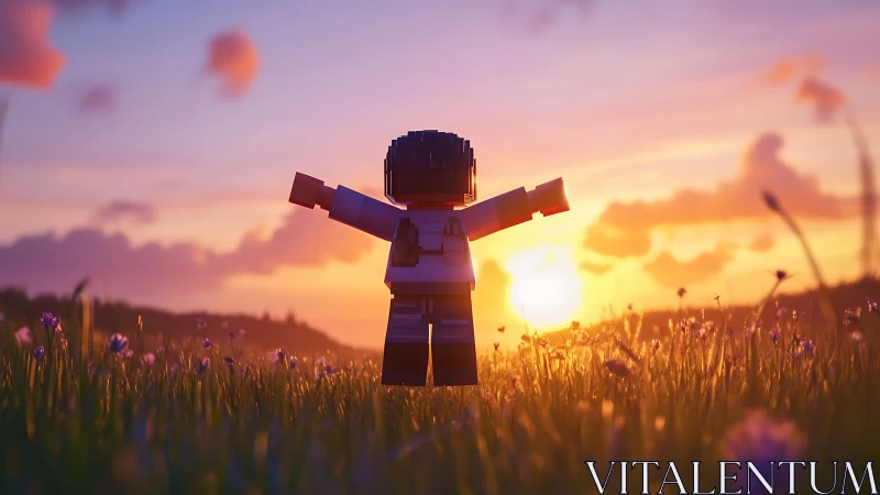Blocky child silhouette embraces glowing sunset horizon.
