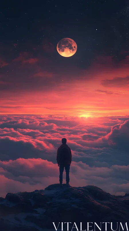 Solitary figure watches lunar dawn above glowing clouds.