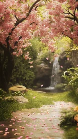 Blossoming cherry grove frames a tranquil hidden waterfall