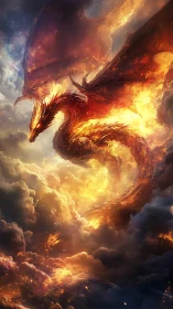 Inferno dragon soaring through blazing storm clouds.