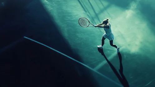 Tennis player in dynamic overhead swing on moody court.