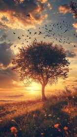 Solitary tree on hillside with birds against sunset sky.
