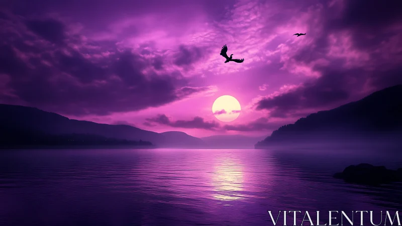Purple dusk sun over calm lake with silhouetted birds and hills.