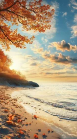 Golden autumn shoreline glows under low evening sun