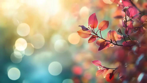 Soft morning light on pink leaves and dreamy bokeh glow.