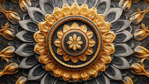 Ornate golden mandala rosette over sculpted gray petals.
