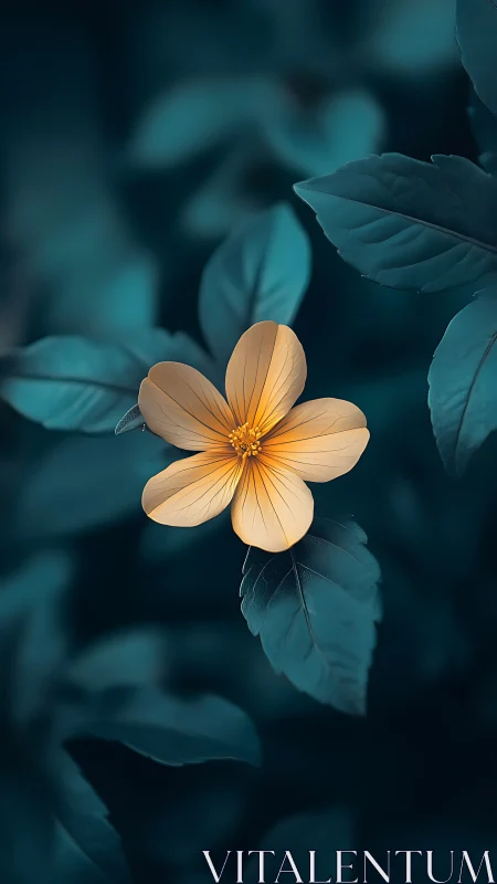 Five-petaled flower with warm center surrounded by teal foliage.