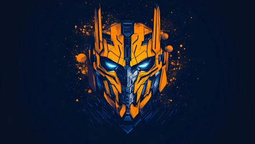 Robotic helmet face is rendered in blue and orange contrast