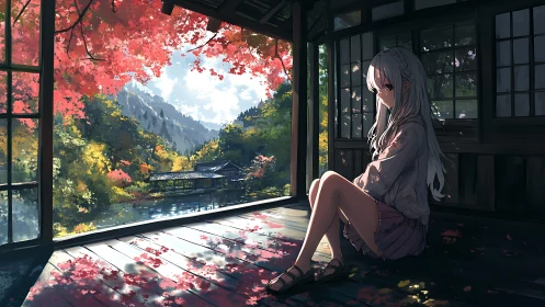 Melancholic girl in wooden room facing bright autumn view.