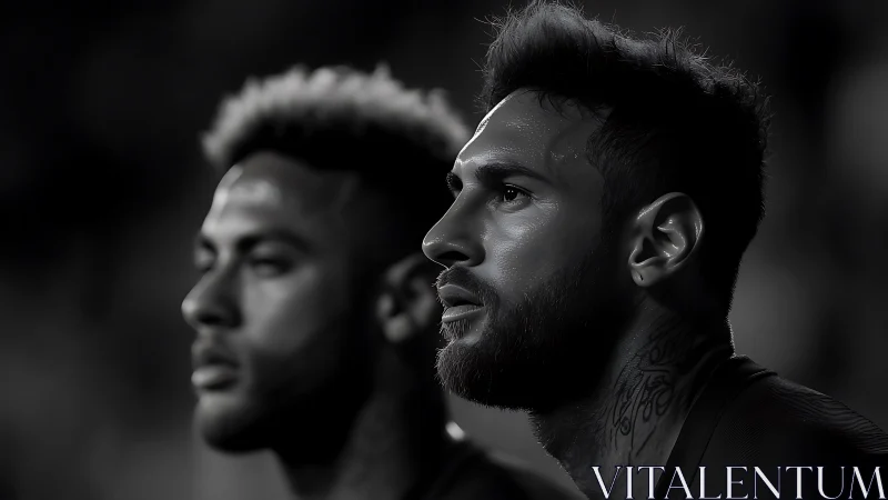 Stadium shadows crown focused footballers in silver light.