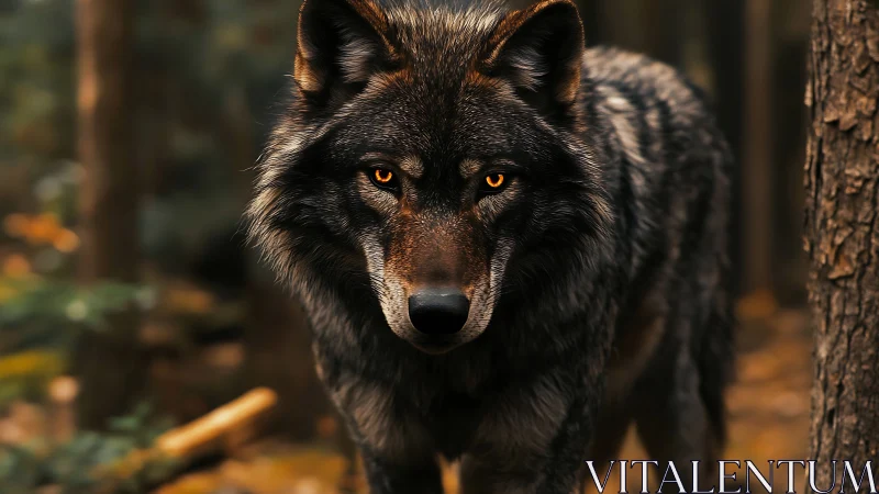 Gray wolf with amber eyes in dense autumn forest habitat.