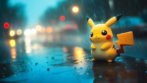 Rain-soaked Pikachu figure on wet urban street with shallow depth