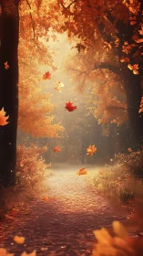 Golden autumn forest path glows softly in drifting leaf light