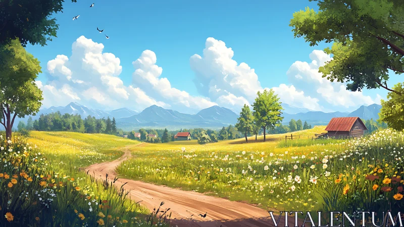 Digital pastoral landscape with winding path and distant peaks.