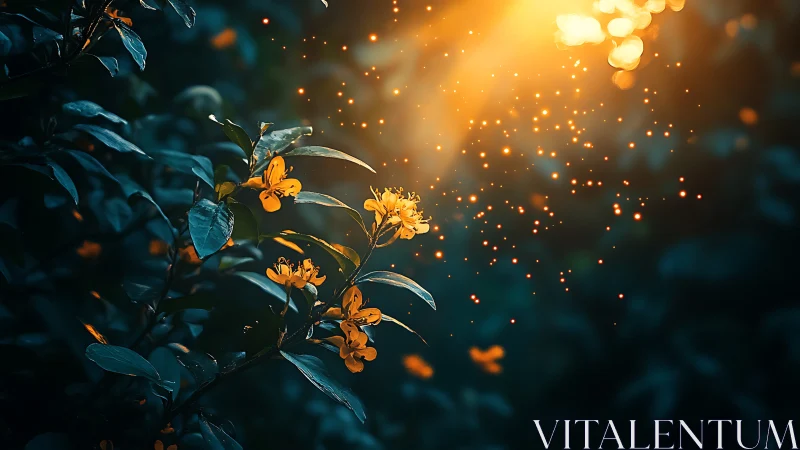 Golden wildflowers under glowing dusk light in forest shade.