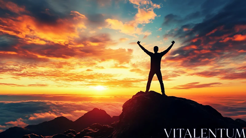 Silhouette stands triumphant on mountain peak at vivid sunrise