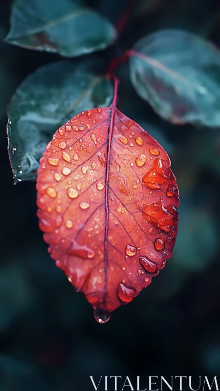 Macro study of rain-beaded red leaf with shallow depth-of-field.