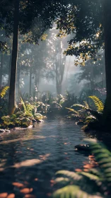 Forest Stream with Golden Light Through Misty Canopy