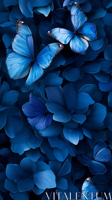 Midnight sapphire butterflies drifting on velvet petals.