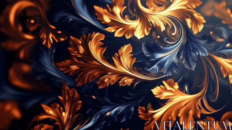 Baroque metallic leaves swirl across a deep midnight canvas