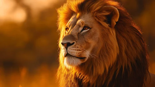 Majestic lion gazes across sunlit savanna at golden hour.